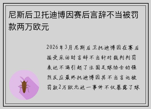 尼斯后卫托迪博因赛后言辞不当被罚款两万欧元 尼斯后卫托迪博因赛后言辞不当被罚款两万欧元